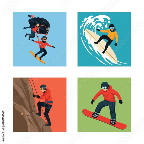 Four square illustrations of people participating in various winter and water sports.