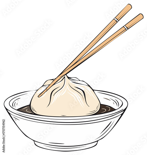 Steamed Dumpling with Chopsticks in Bowl of Sauce Traditional Asian Cuisine