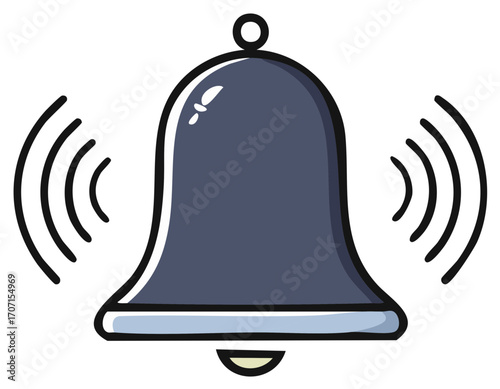 Hand-drawn bell icon ringing with sound wave, notification alert illustration