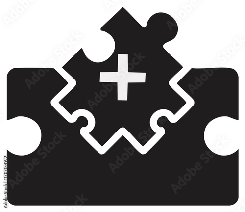 Puzzle pieces fitting together with a cross symbol symbolizing health and healthcare.