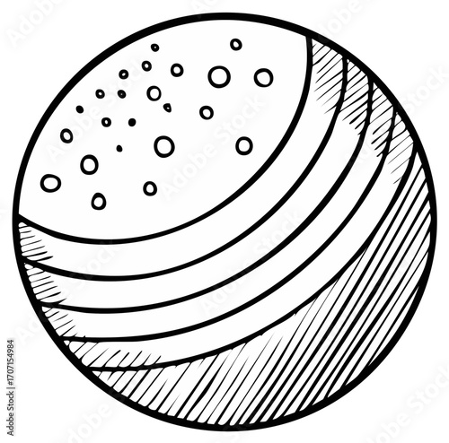 Hand Drawn Planet with Stripes and Craters Globe Celestial Body Round Vector Graphic Illustration Sketchy Style Space