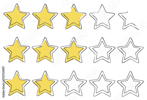 Hand drawn rating stars progression showing incomplete and complete yellow stars in rows