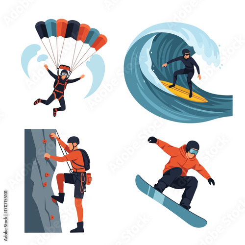 Four diverse outdoor adventure activities, including skydiving, surfing, rock climbing, and snowboarding.