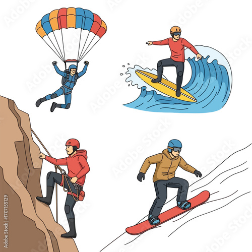 Four people engaged in extreme sports, including skydiving, surfing, rock climbing, and snowboarding.