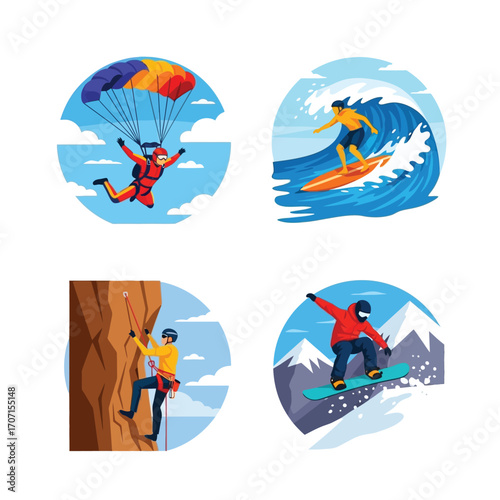 Four diverse outdoor sports depicted in circular illustrations; skydiving, surfing, rock climbing, and snowboarding.