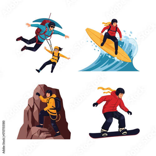 Four diverse outdoor adventurers engaging in various extreme sports, including paragliding, surfing, rock climbing, and snowboarding.