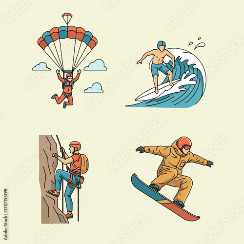 Four illustrations of adventurous activities, including skydiving, surfing, rock climbing, and snowboarding.