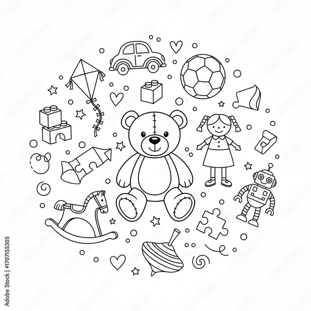 Fototapeta premium Set of 20 Outline Children's Toys Vector Icons for Kids' Playtime, Education, and Entertainment Design Projects