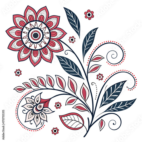 Decorative floral branch with intricate flowers and leaves in red navy and cream colors