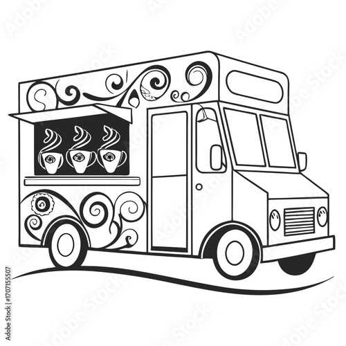 Whimsical black and white illustration of a charming coffee food truck with steaming cups and decorative swirls