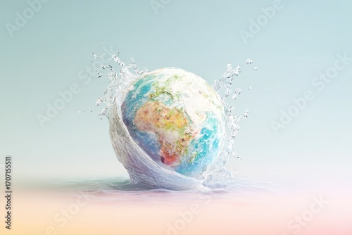 Earth immersed in water splash.  A stylized, 3D image shows Earth, completely encompassed by a swirling, translucent water splash.  Pale pastel colors create a serene, ethereal background