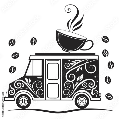 Stylized black and white illustration of a coffee truck with a steaming cup and scattered coffee beans