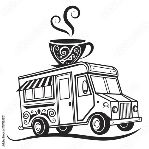 Whimsical black and white illustration of a coffee truck with a decorative steaming cup on top