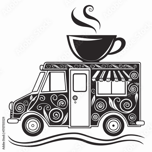 Stylized black and white illustration of a coffee food truck with a steaming cup on top