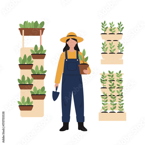 A female gardener tending vertical hydroponic herb gardens.