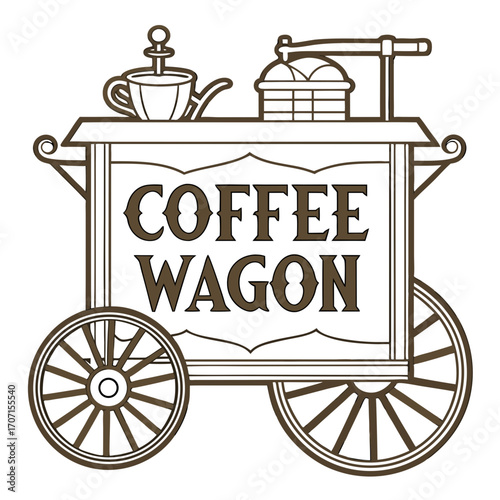 Vintage coffee wagon illustration with ornate lettering and classic design elements