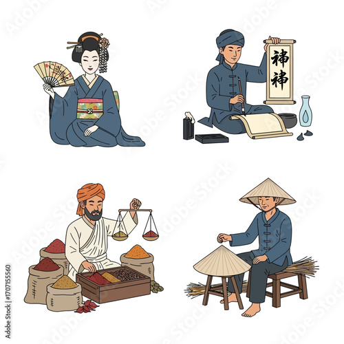 Four illustrations depict diverse cultural figures: a geisha, a calligrapher, a spice merchant, and a hat maker.