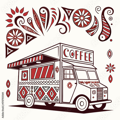 Stylized coffee truck with decorative tribal patterns and abstract red accents on a white background