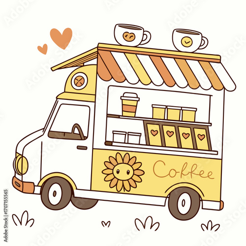 Cute cartoon coffee truck with a smiling sunflower and hearts serving delicious beverages