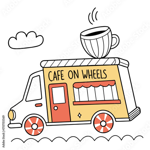 Whimsical cartoon cafe on wheels food truck serving hot coffee with a cloud in the sky