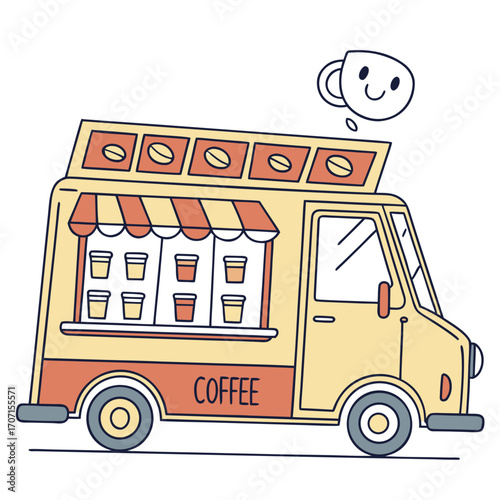 Cute cartoon coffee truck with happy coffee cup thought bubble and coffee beans on top