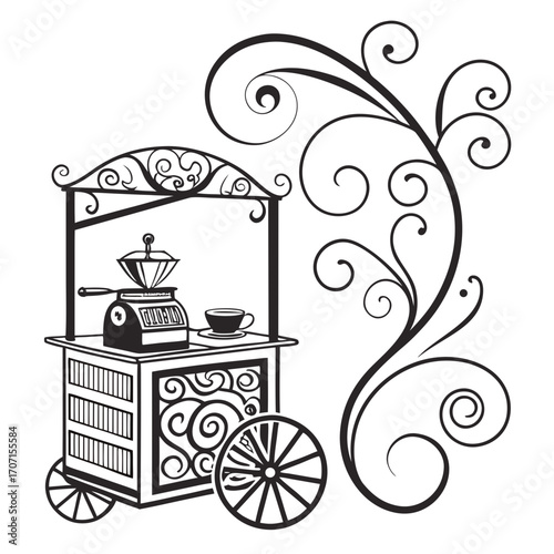 Vintage coffee cart with ornate scrollwork and a manual coffee grinder and cup