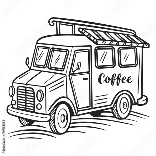 Hand drawn illustration of a vintage style coffee truck with awning and the word coffee on the side