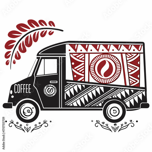 Stylized black coffee truck with red and white tribal patterns and coffee bean branch illustration
