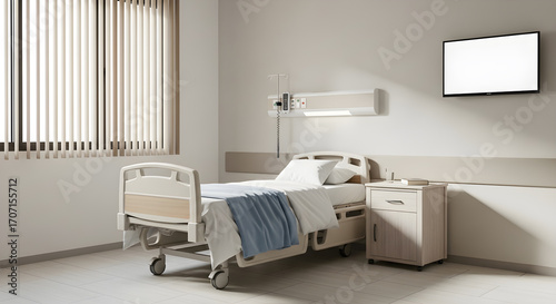 A clean and modern hospital room with a bed, bedside table, and a monitor on the wall.