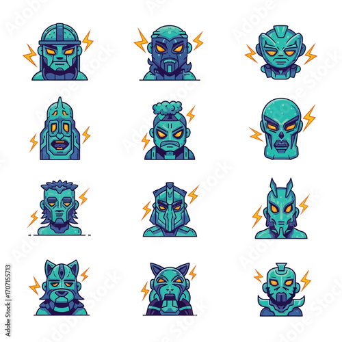 A collection of stylized, detailed illustrations of robotic or alien faces with electric effects.