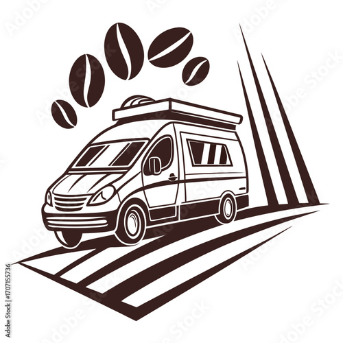 Mobile coffee van driving on a road with coffee beans floating above and abstract lines behind