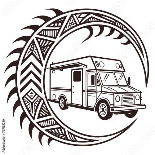 Stylized food truck illustration within a tribal circular design featuring geometric patterns and sharp accents