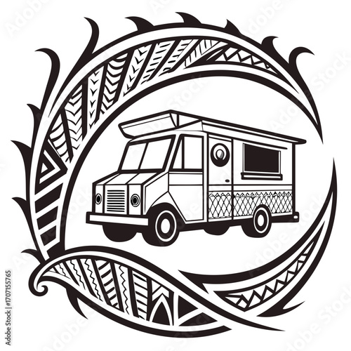 Stylized food truck illustration with tribal maori inspired circular design elements