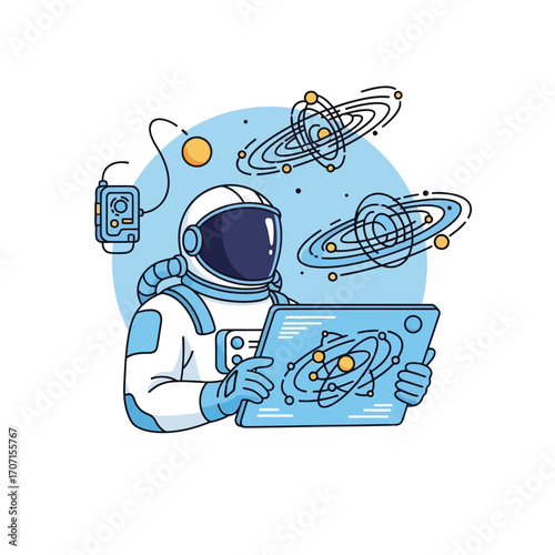 Astronaut in space suit using a tablet, with galaxy and atom graphics surrounding.
