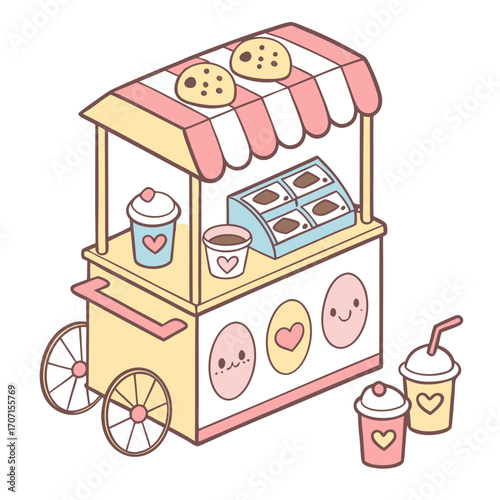 Cute kawaii style food cart selling cookies and drinks with adorable faces and hearts