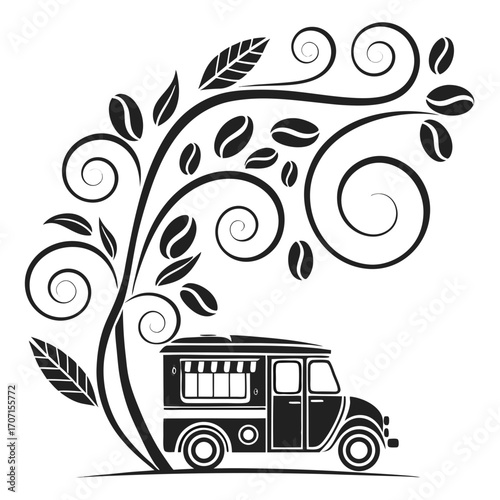 Stylized coffee plant with beans and leaves arches over a vintage coffee truck illustration