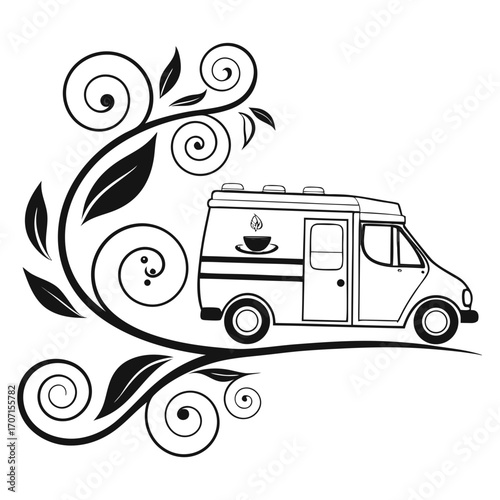 Stylized black line art of a food truck with a tea cup logo and decorative floral swirls