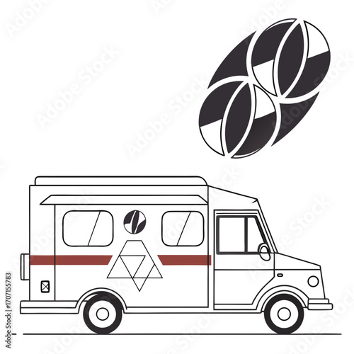 Stylized illustration of a food truck with coffee beans graphic above representing a mobile coffee business