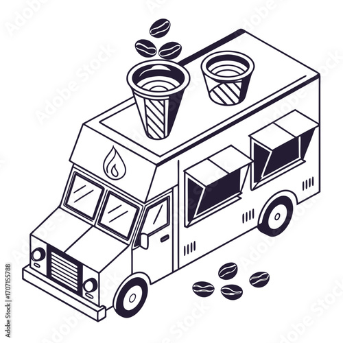 Isometric line art illustration of a coffee food truck with steaming cups and coffee beans