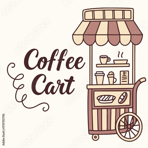 Charming hand drawn coffee cart illustration with decorative text and baked goods