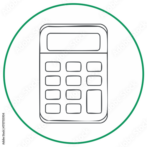Calculator illustration in green circle. Outline of a calculator for finance, education, and math.