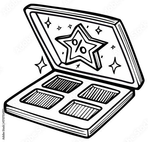 Open cosmetic makeup palette with star and percentage symbol for discounts and special offers