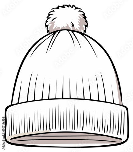 Simple line art illustration of a warm knitted winter beanie with a fluffy pom pom