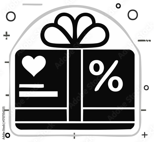 Black and white gift box with heart and percentage symbols for discounts and special offers