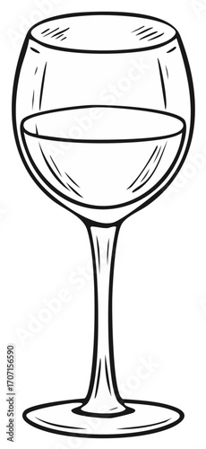 Wine glass sketch illustration with wine; drink, beverage, celebration