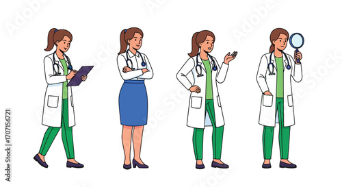 Illustration of doctor in four different poses