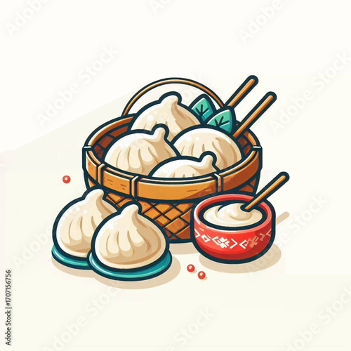 Dumplings in a basket with dipping sauce accompanied by chopsticks