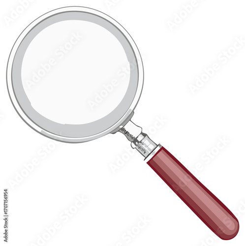 Close up illustration of a classic magnifying glass with a silver frame and a dark red handle
