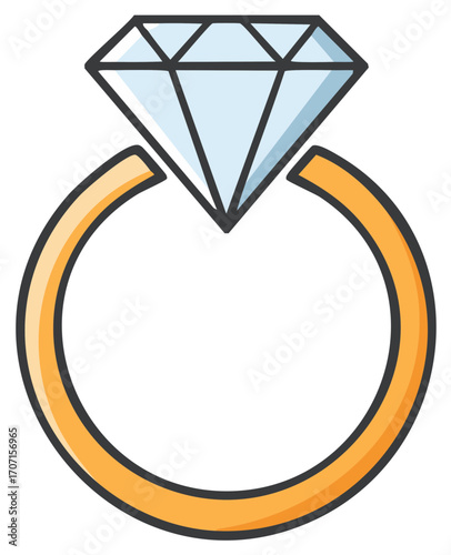 Stylized Gold Engagement Ring with Large Diamond Gemstone Cartoon Illustration Celebration Symbol