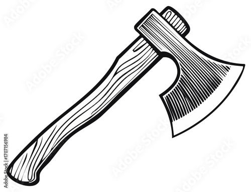 Axe woodcut illustration, drawing of an ax head and handle in black and white